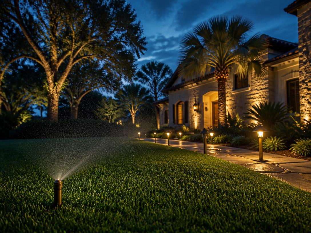 Sprinkler head watering a lawn at dusk with path lights glowing along a walkway